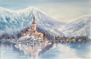 "Lake Bled in Winter" - original watercolor painting by Oksana Kaida Lake Bled in Winter watercolor painting by Oksana Kaida