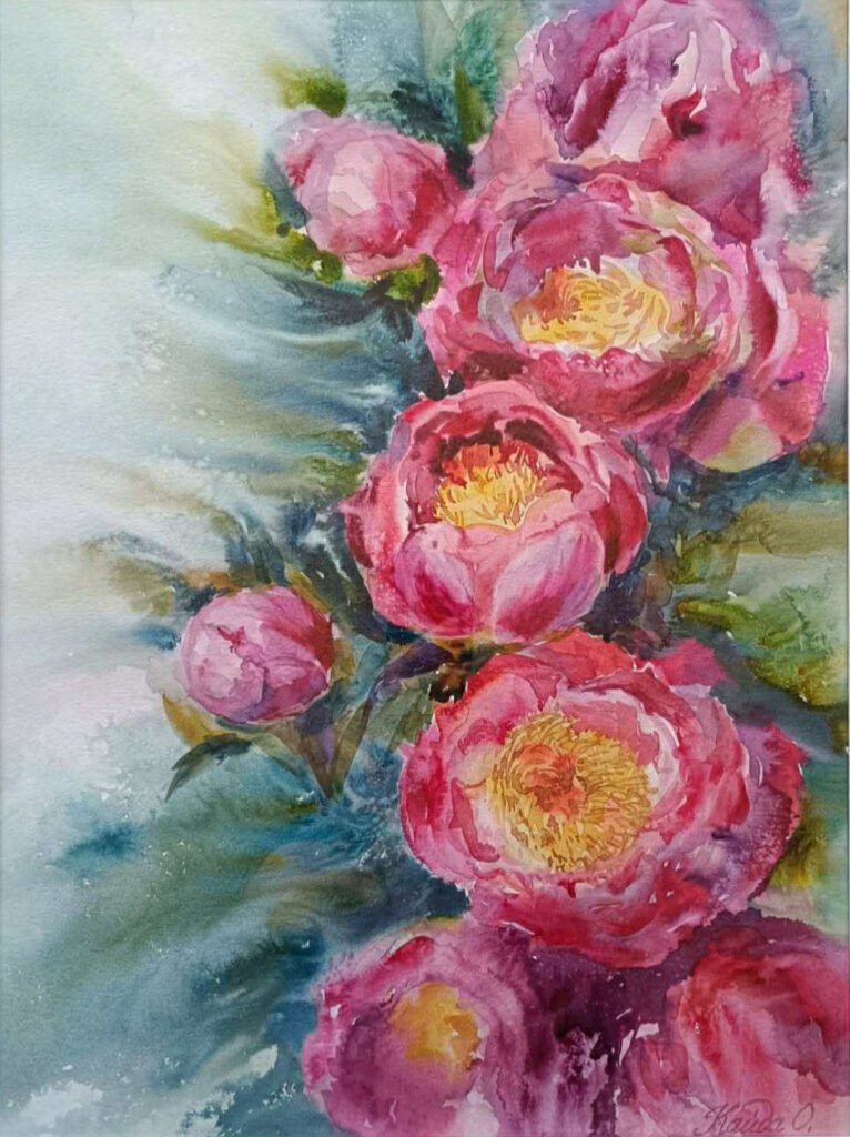 Peonies watercolor wainting by Oksana Kaida