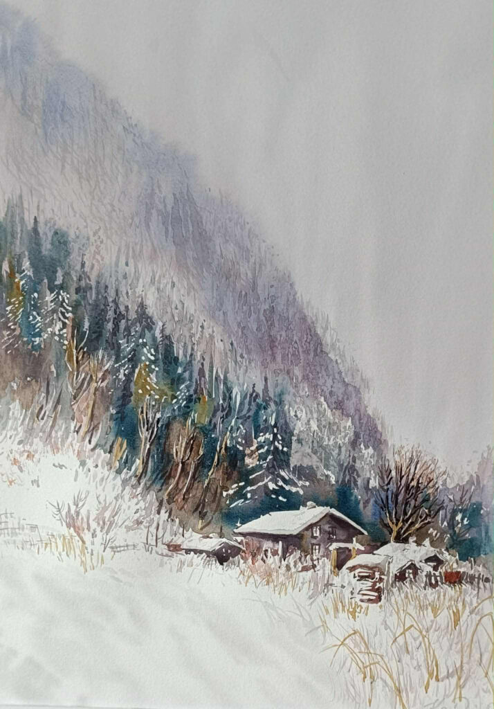 Snowfall in the Mountains watercolor painting by Oksana Kaida
