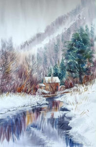Winter Landscape in the Mountains watercolor painting by Oksana Kaida